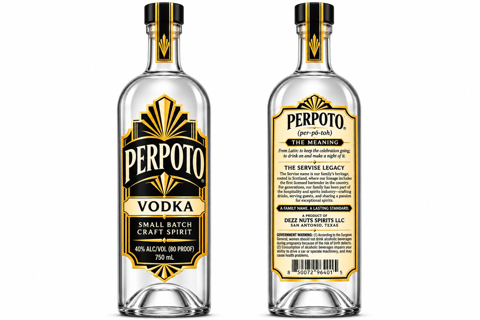 Perpoto vodka bottle with black, ivory, and gold Art Deco labels